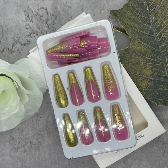 Pink Glitter Press On Gel Coffin Nails - Picture 8 of 12